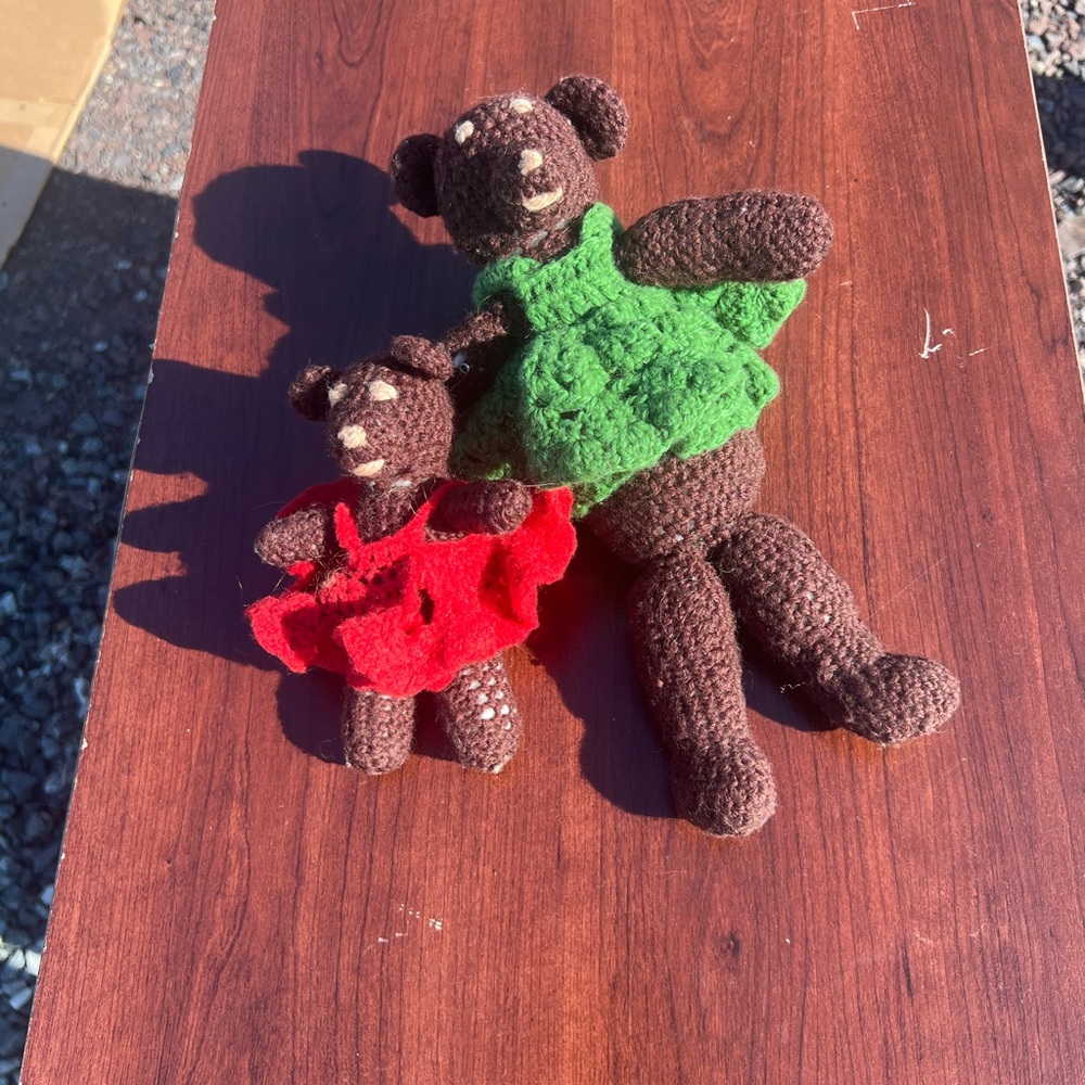Vintage Handcrafted Brown Teddy Bears with Red and Green Outfits